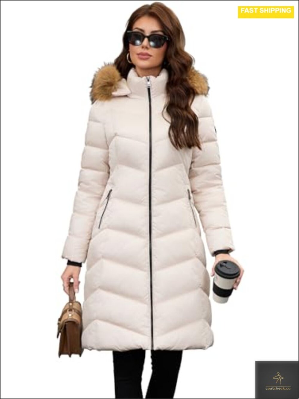 Women's Long Puffer Coat with Detachable Faux Fur Collar Hood